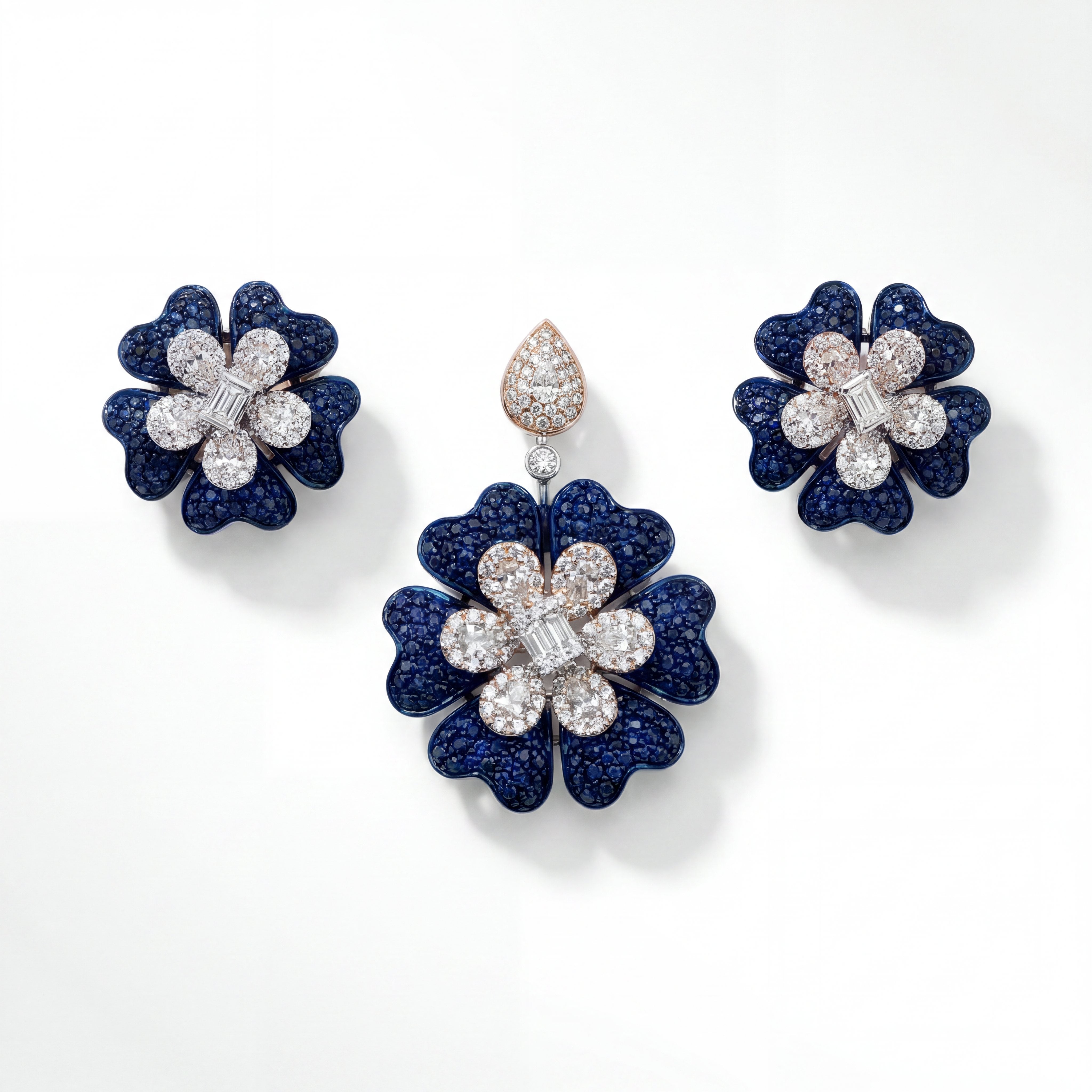 18K Blue Sapphire & Diamond Floral Pendant Set
