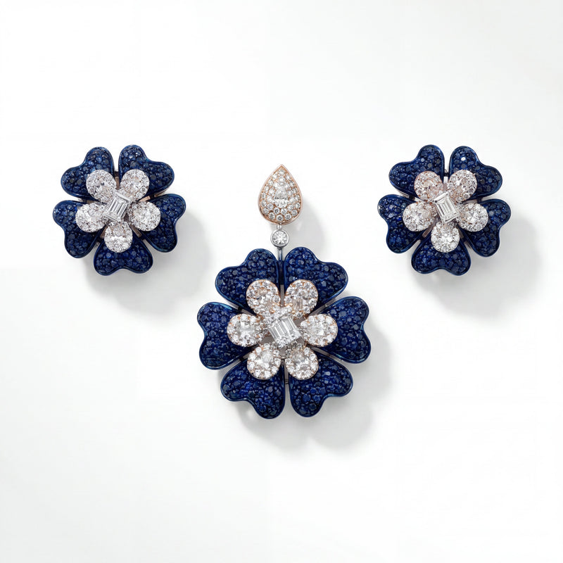 18K Blue Sapphire & Diamond Floral Pendant Set