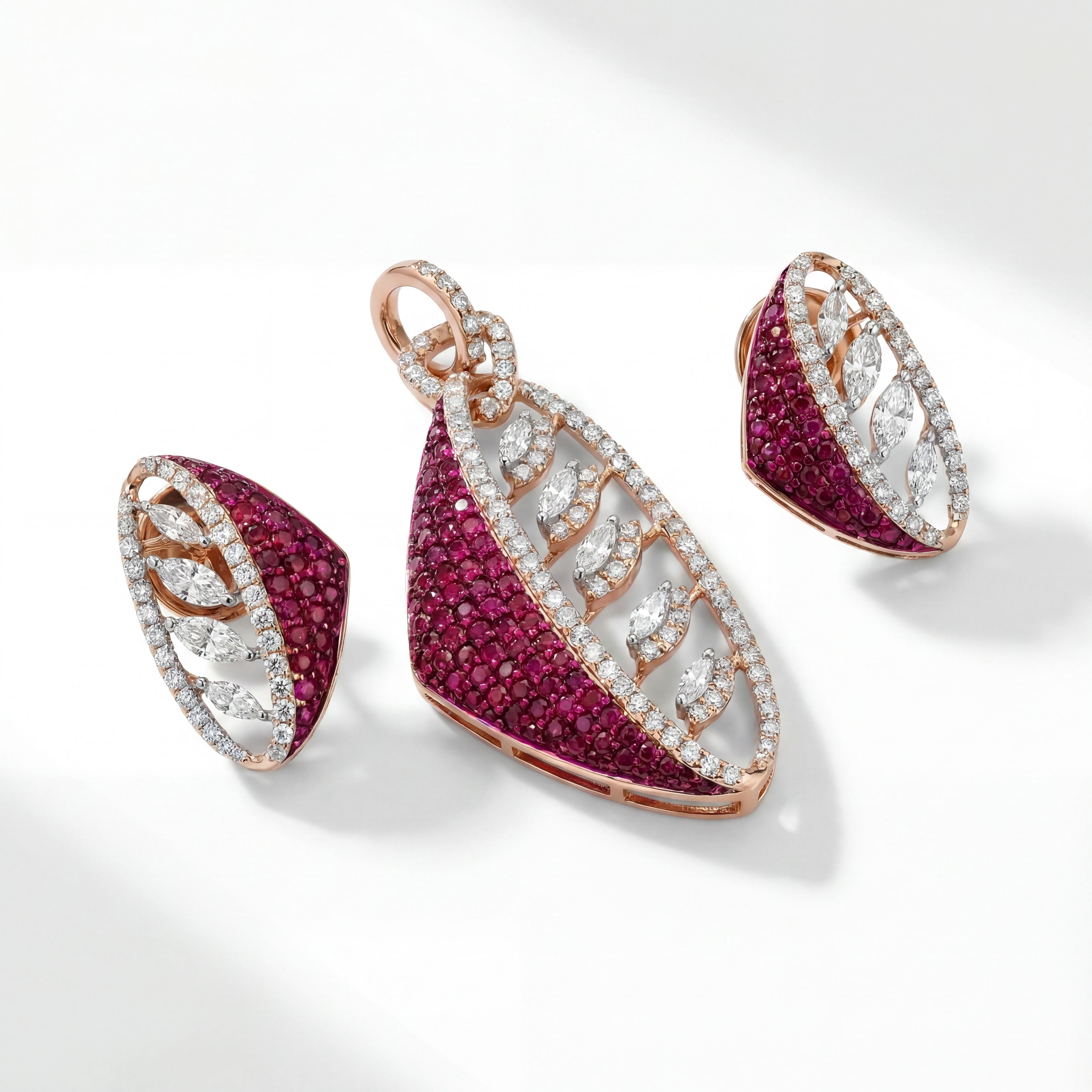 18K Rose Gold Ruby & Diamond Leaf Pendant Set