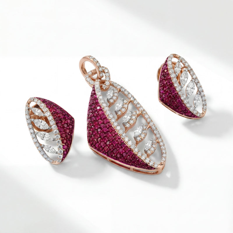 18K Rose Gold Ruby & Diamond Leaf Pendant Set