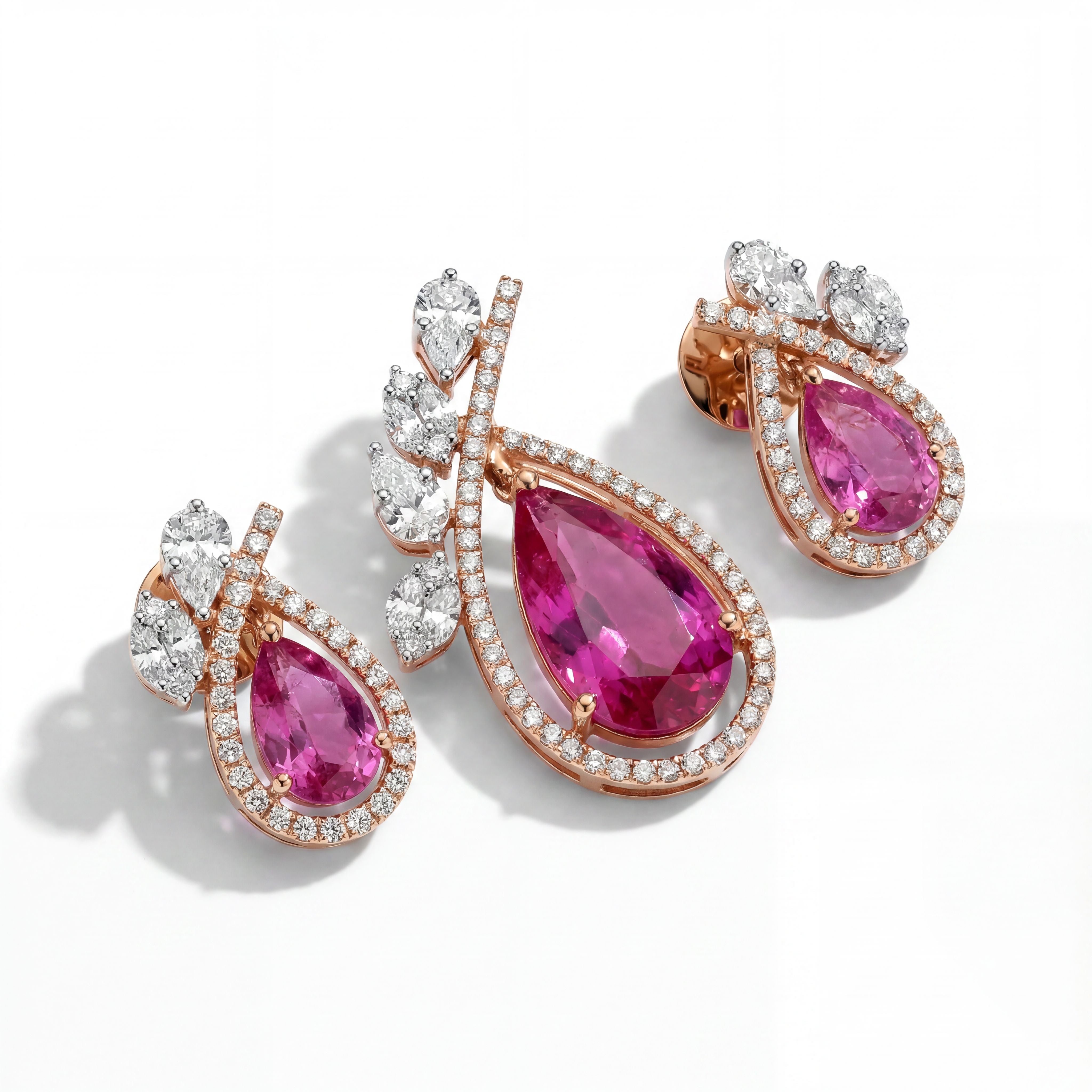 18K Rose Gold Pink Tourmaline & Diamond Pendant Set