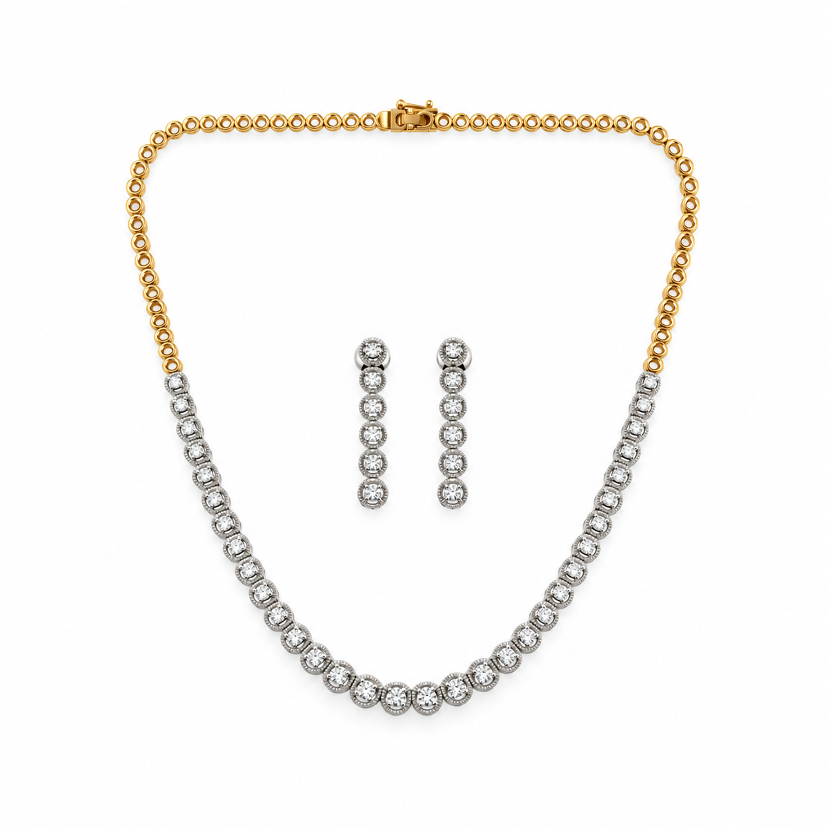 Elegant Two-Tone Diamond Necklace Set with Drop Earrings