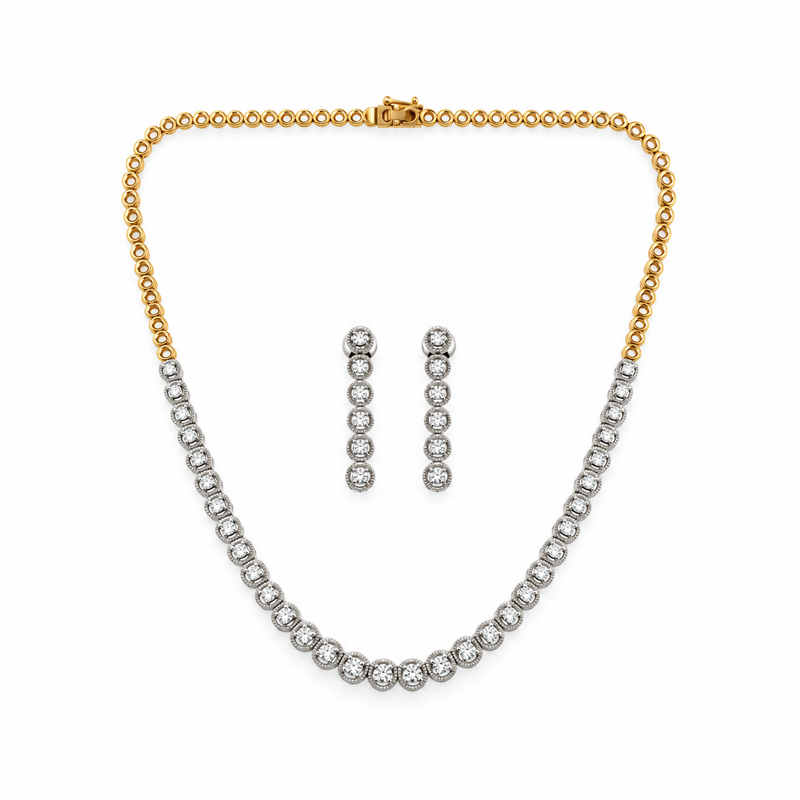 Elegant Two-Tone Diamond Necklace Set with Drop Earrings