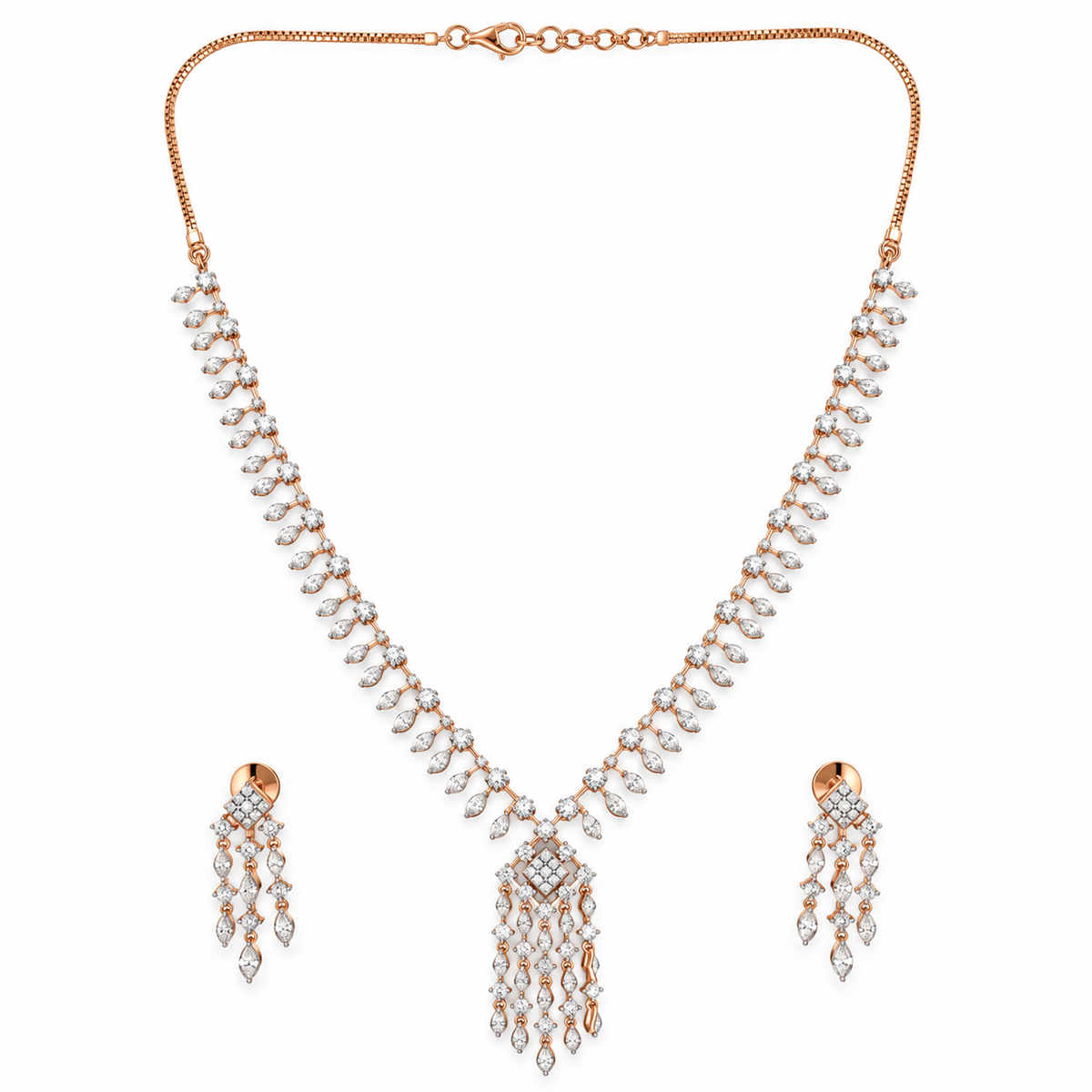 Elegant Rose Gold Diamond Necklace Set with Matching Drop Earrings