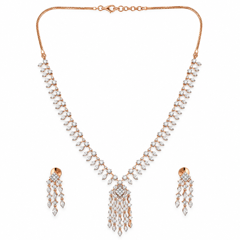 Elegant Rose Gold Diamond Necklace Set with Matching Drop Earrings