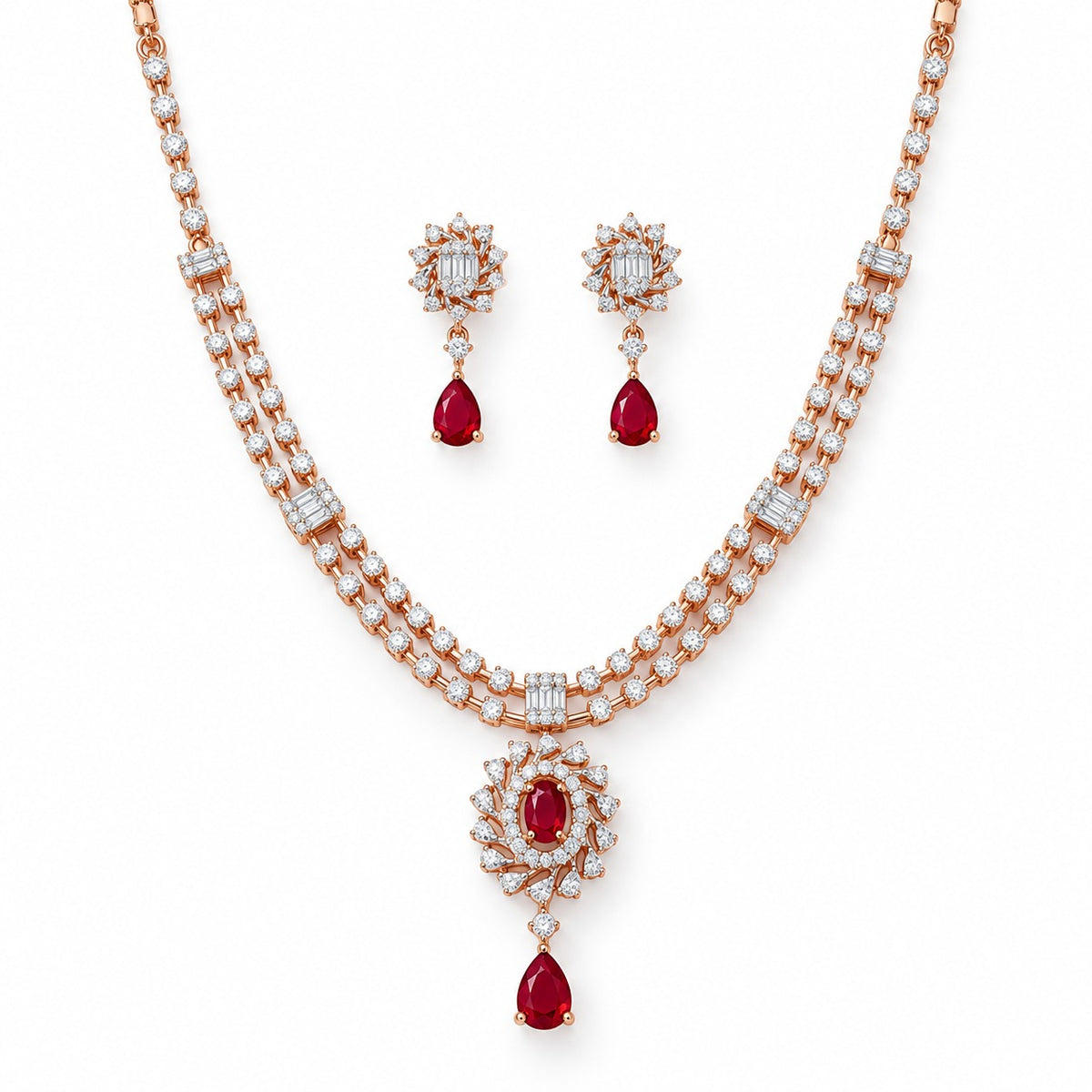 Ruby & Diamond Two Lines Necklace with Drop Earrings