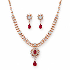 Ruby & Diamond Two Lines Necklace with Drop Earrings