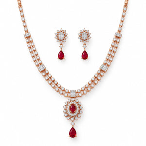 Ruby & Diamond Two Lines Necklace with Drop Earrings