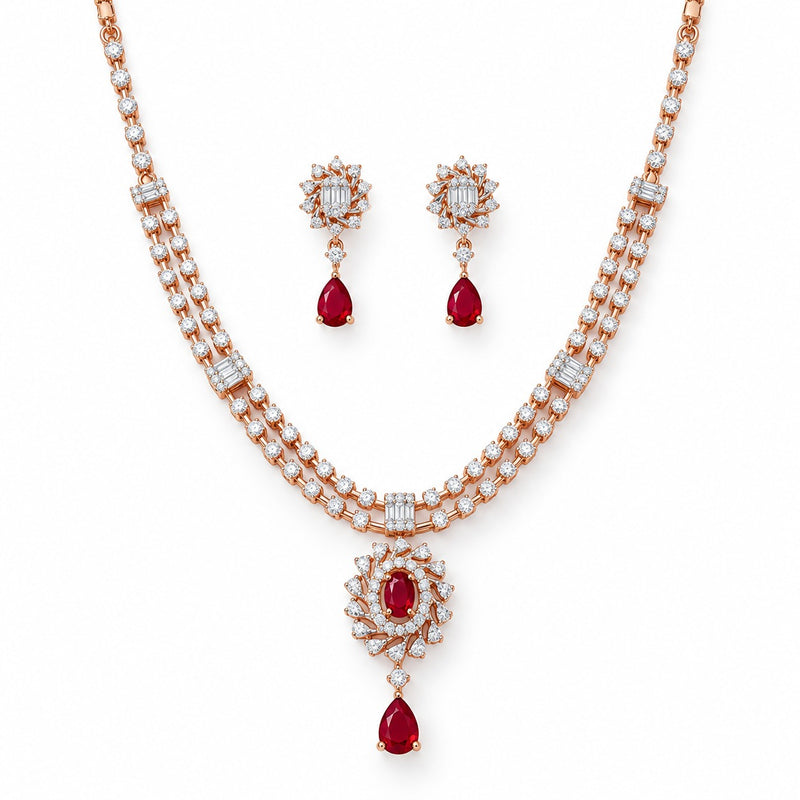 Ruby & Diamond Two Lines Necklace with Drop Earrings