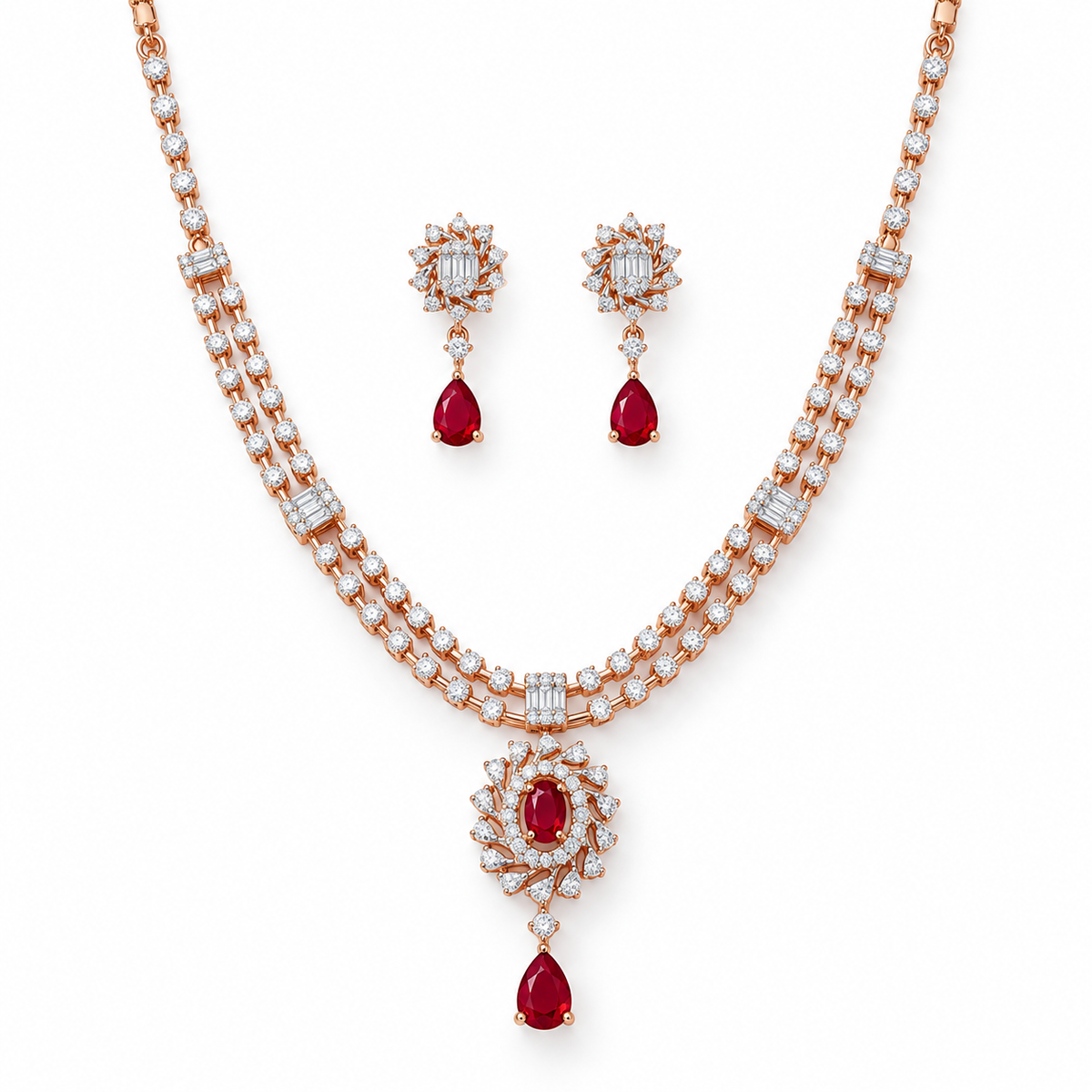 Ruby & Diamond Two Lines Necklace with Drop Earrings
