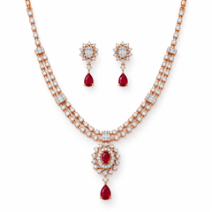 Ruby & Diamond Two Lines Necklace with Drop Earrings