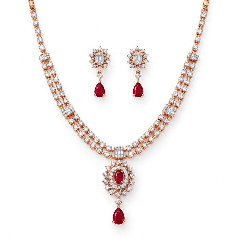 Ruby & Diamond Two Lines Necklace with Drop Earrings