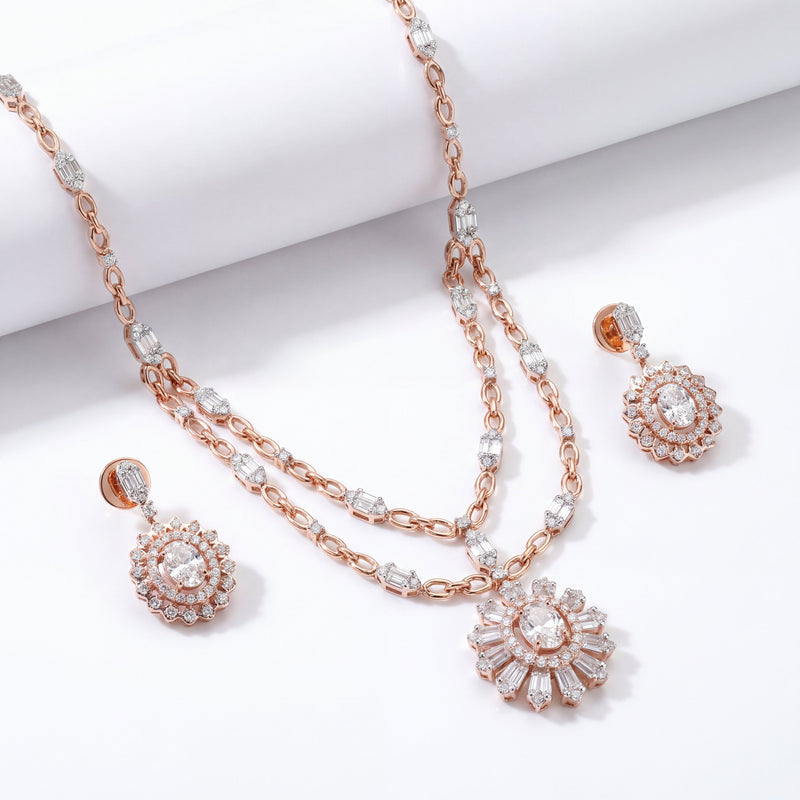 Rose Gold Diamond Floral Pendant Necklace Set with Matching Earrings