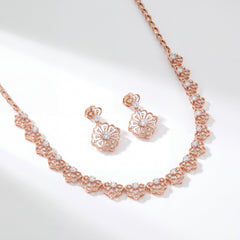 Rose Gold Floral Diamond Necklace Set with Matching Earrings
