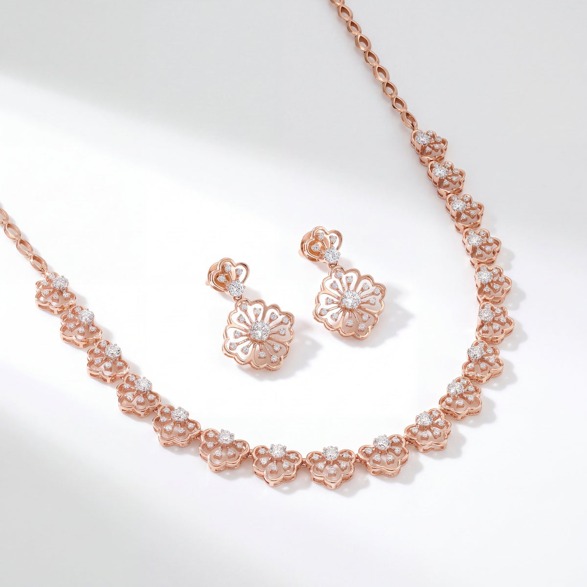 Rose Gold Floral Diamond Necklace Set with Matching Earrings