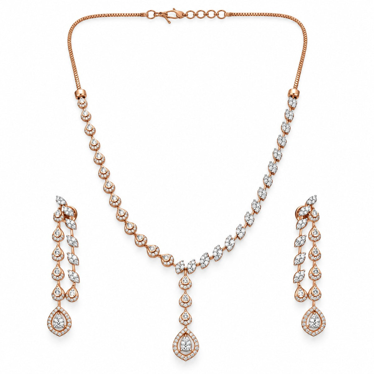 Rose Gold Diamond Teardrop Necklace Set with Matching Earrings