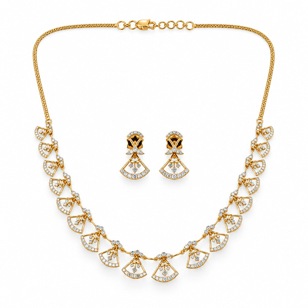 Yellow Gold Diamond Fan Motif Necklace Set with Matching Earrings