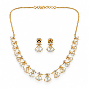 Yellow Gold Diamond Fan Motif Necklace Set with Matching Earrings