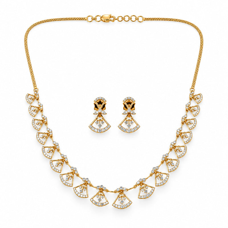 Yellow Gold Diamond Fan Motif Necklace Set with Matching Earrings