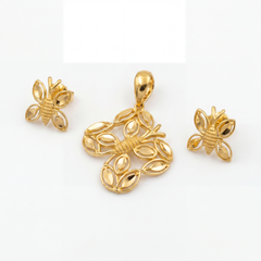 Elegant gold jewellery set featuring a bee-inspired pendant and matching earrings with intricate wing-shaped detailing, polished gold accents, and a graceful nature-inspired design.
