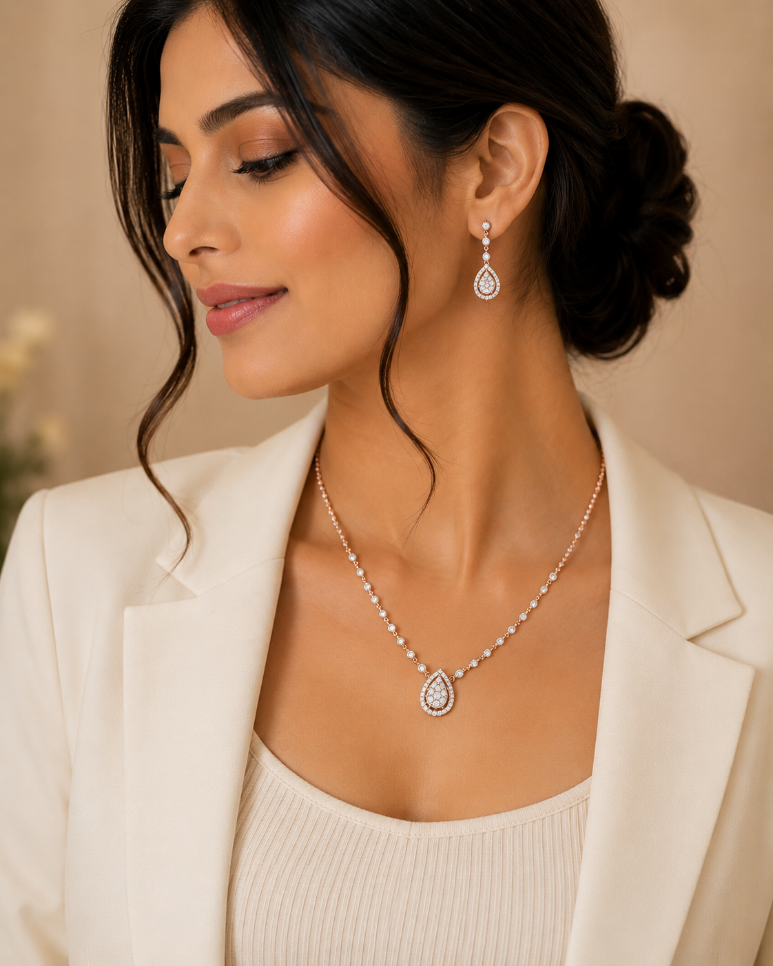 Elegant diamond jewellery set featuring a delicate necklace with a pear-shaped teardrop pendant and matching drop earrings, showcasing a refined diamond-studded design.