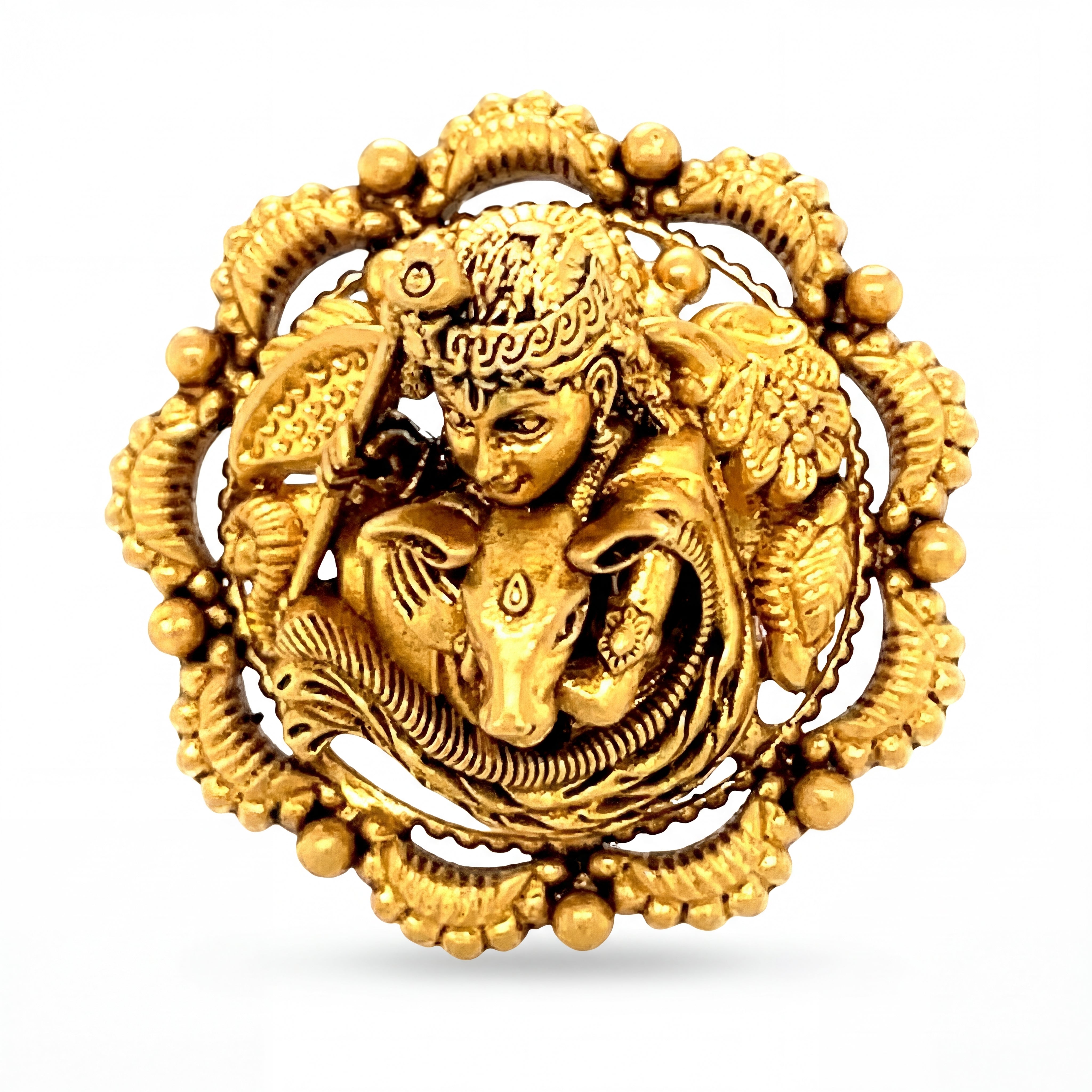 Intricately crafted yellow gold pendant depicting Lord Krishna lifting Govardhan, surrounded by detailed ornamental patterns and a circular beaded frame, symbolizing divinity and protection.