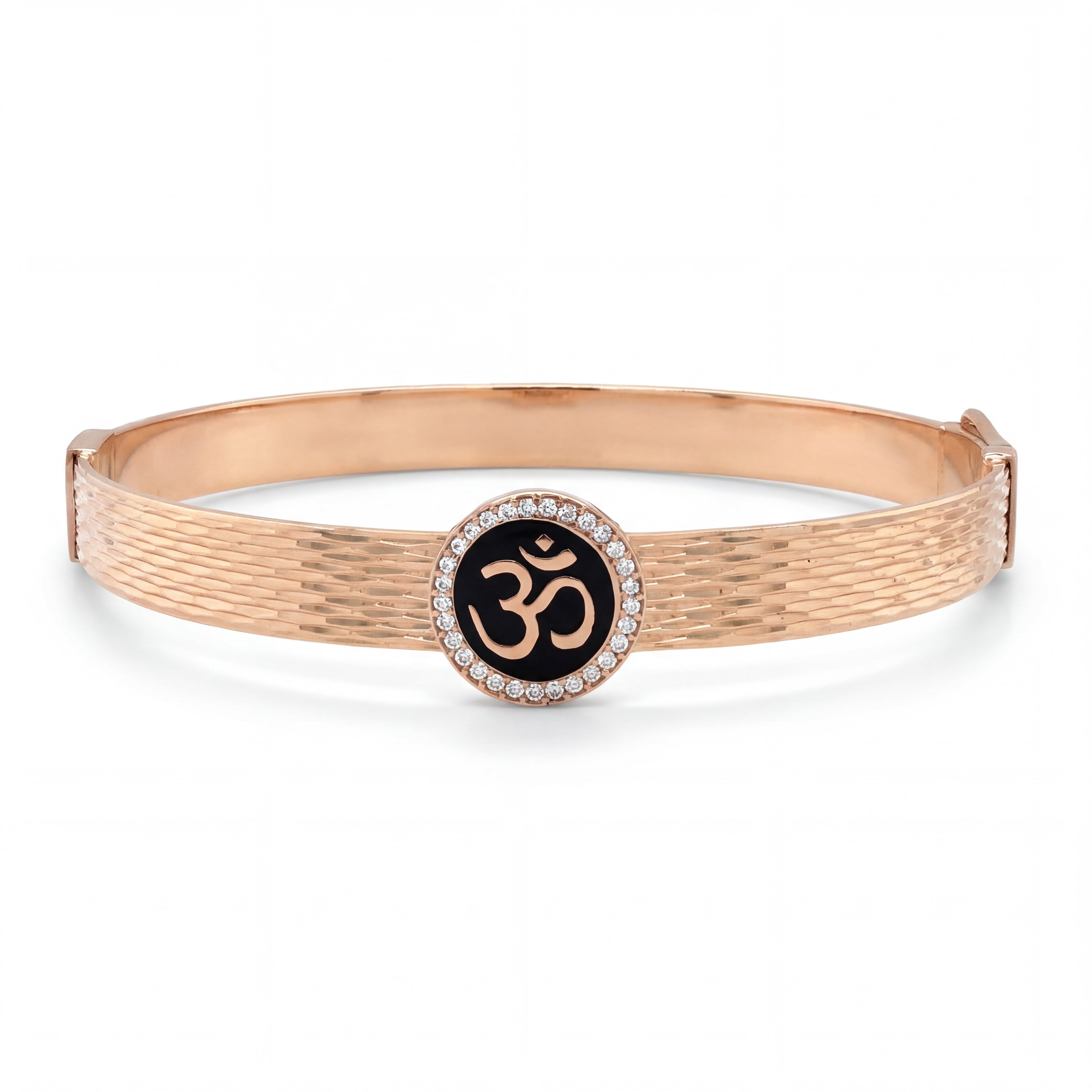 Rose gold textured kada featuring a central Om symbol set on black enamel, encircled by a halo of diamonds, combining spirituality with elegant contemporary design.