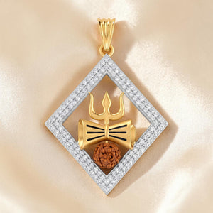 Yellow gold pendant featuring a Trishul and Damru motif with a Rudraksha bead at the base, framed within a diamond-studded geometric border for a spiritual and elegant design.