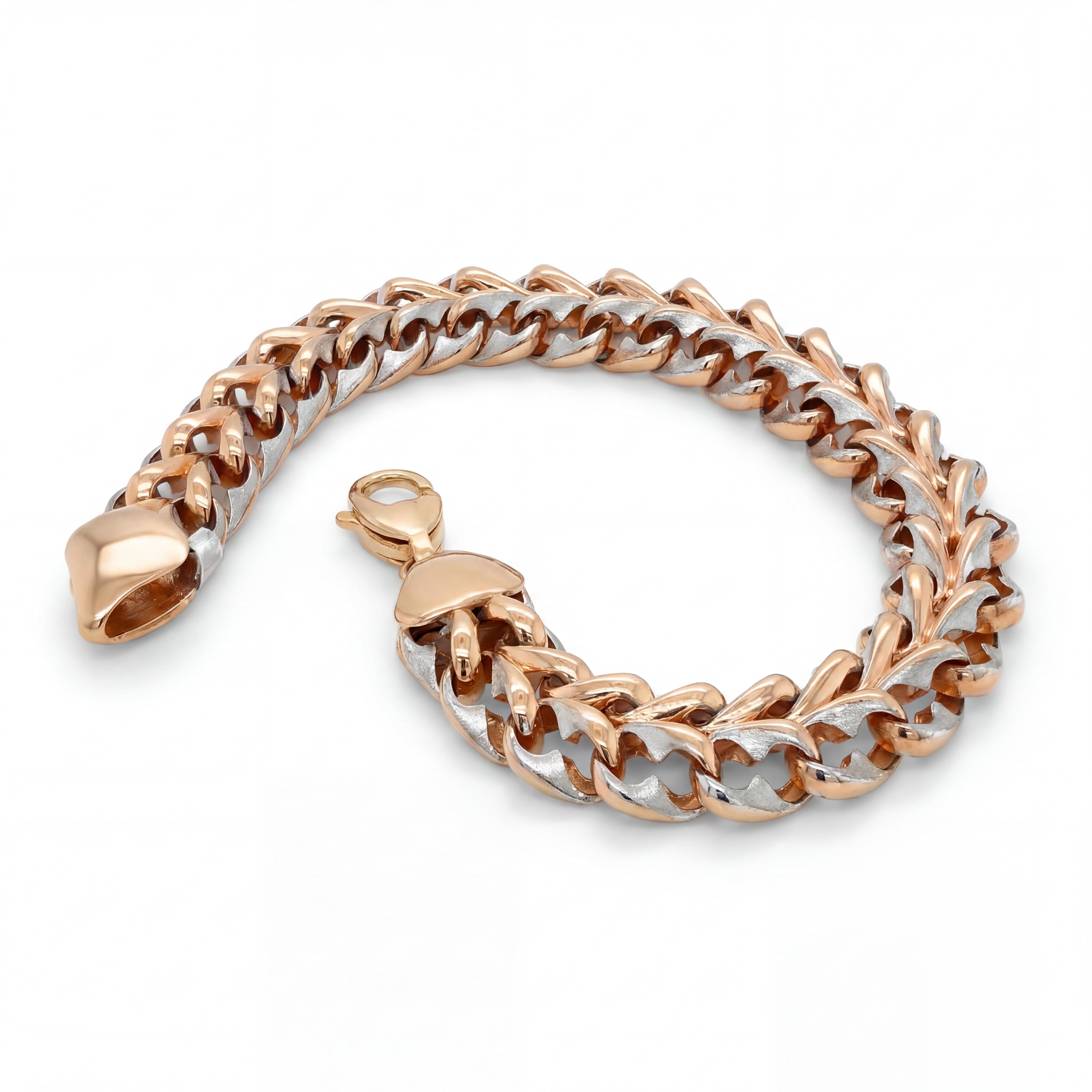 Bold rose and white gold bracelet featuring thick Cuban-style interlocking links with a polished finish and secure clasp, offering a strong and modern statement look.