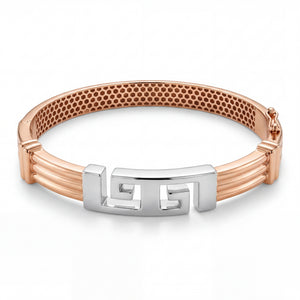 Rose gold kada featuring a dual-tone design with a white gold Greek key motif centerpiece and a textured inner pattern, offering a modern and stylish look.