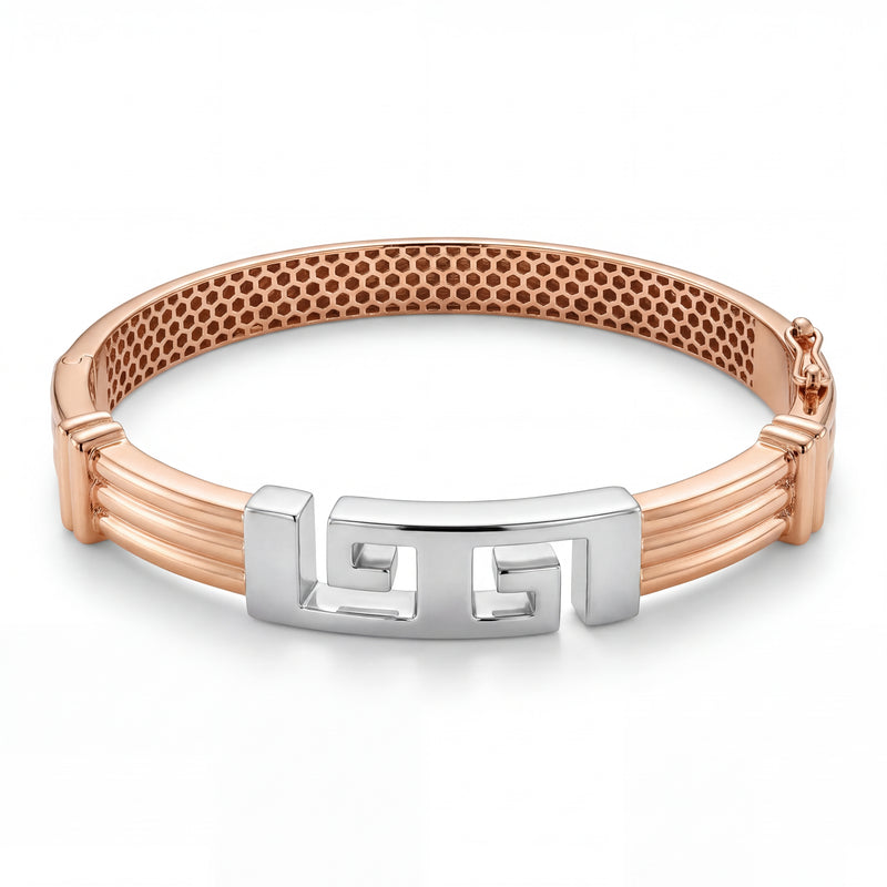 Rose gold kada featuring a dual-tone design with a white gold Greek key motif centerpiece and a textured inner pattern, offering a modern and stylish look.