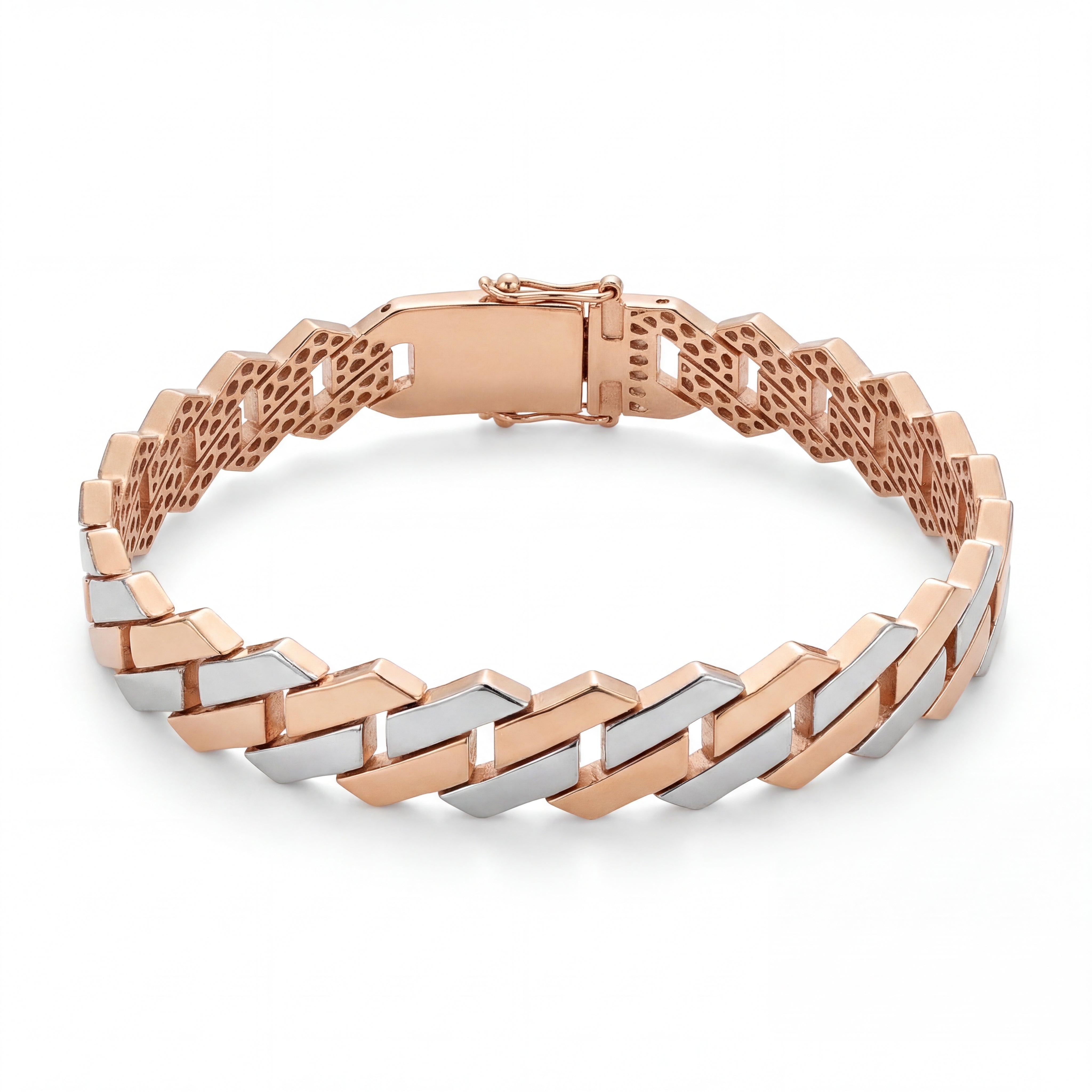 Rose and white gold bracelet featuring interlocking geometric links in a sleek alternating pattern, finished with a secure clasp for a modern and stylish look.