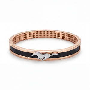 Rose gold kada featuring a sleek horse motif centerpiece in white gold, set against a black enamel band with subtle diamond accents, creating a bold and contemporary design.