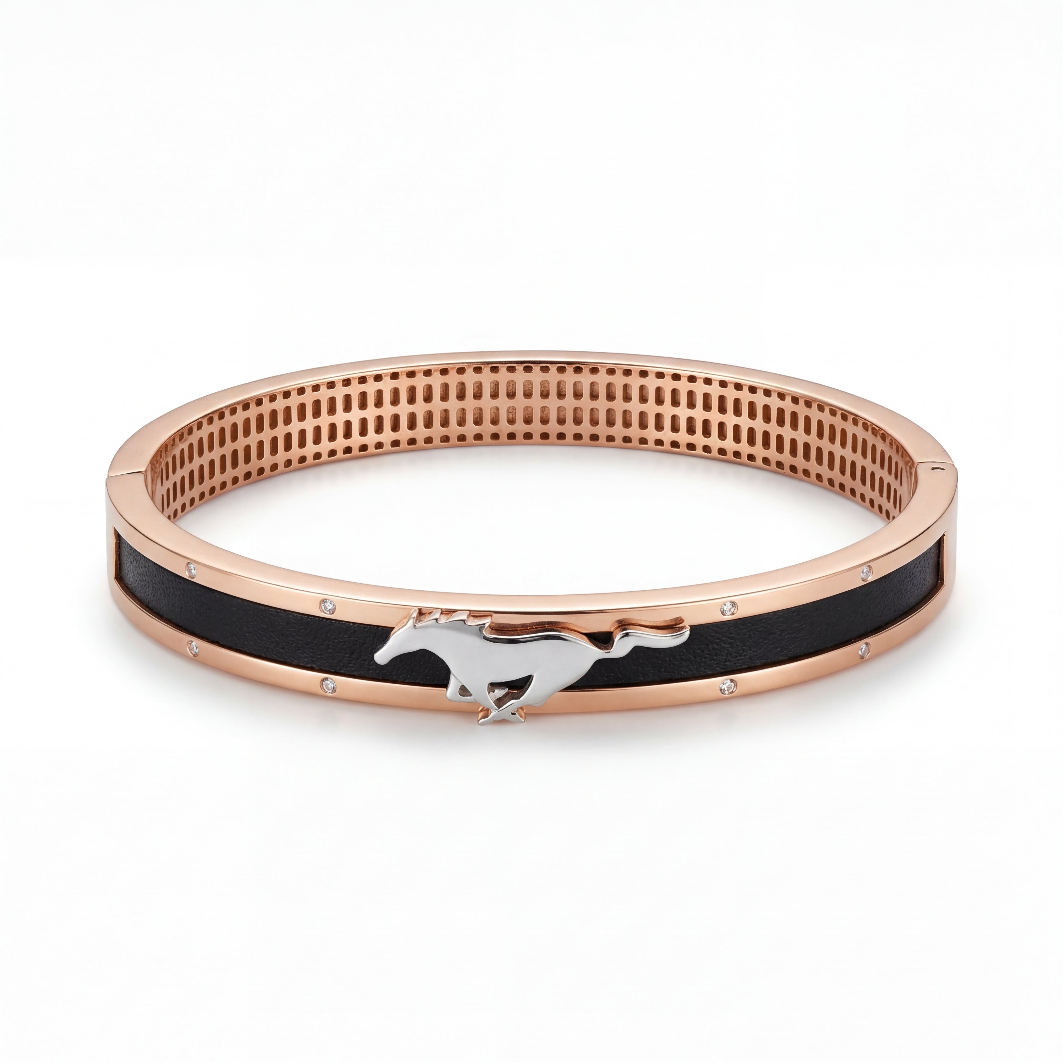Rose gold kada featuring a sleek horse motif centerpiece in white gold, set against a black enamel band with subtle diamond accents, creating a bold and contemporary design.