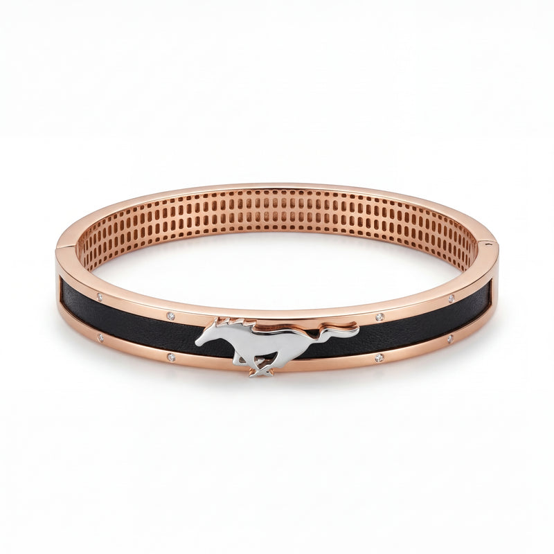 Rose gold kada featuring a sleek horse motif centerpiece in white gold, set against a black enamel band with subtle diamond accents, creating a bold and contemporary design.