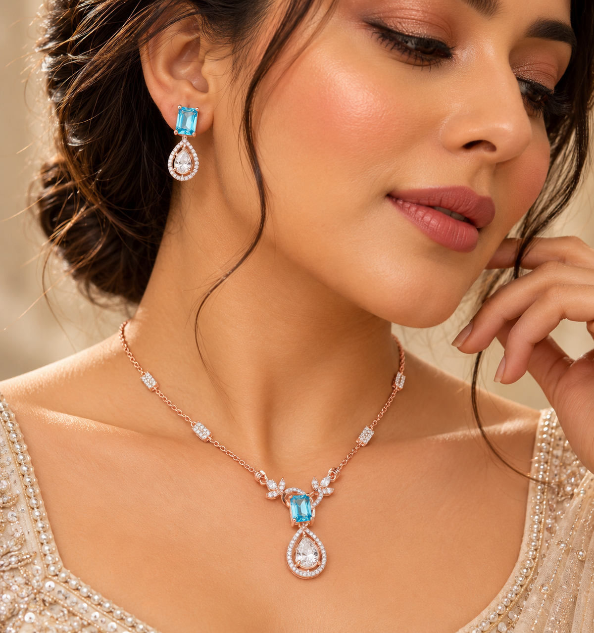 Blue Topaz & Diamond Gold Pendant Necklace Set