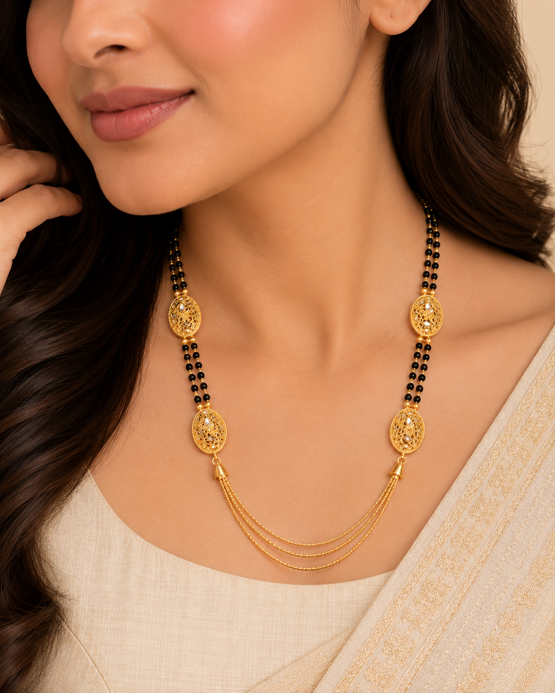 Gold Mangalsutra with Oval Motifs & Triple-Layered Gold Chain