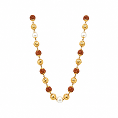 Traditional gold necklace featuring textured Rudraksha beads, ornate gold filigree beads, and lustrous white pearl accents arranged in a graceful long-chain design.
