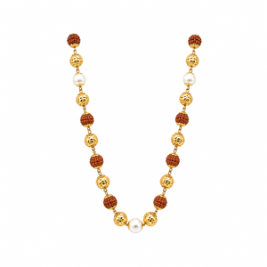 Traditional gold necklace featuring textured Rudraksha beads, ornate gold filigree beads, and lustrous white pearl accents arranged in a graceful long-chain design.