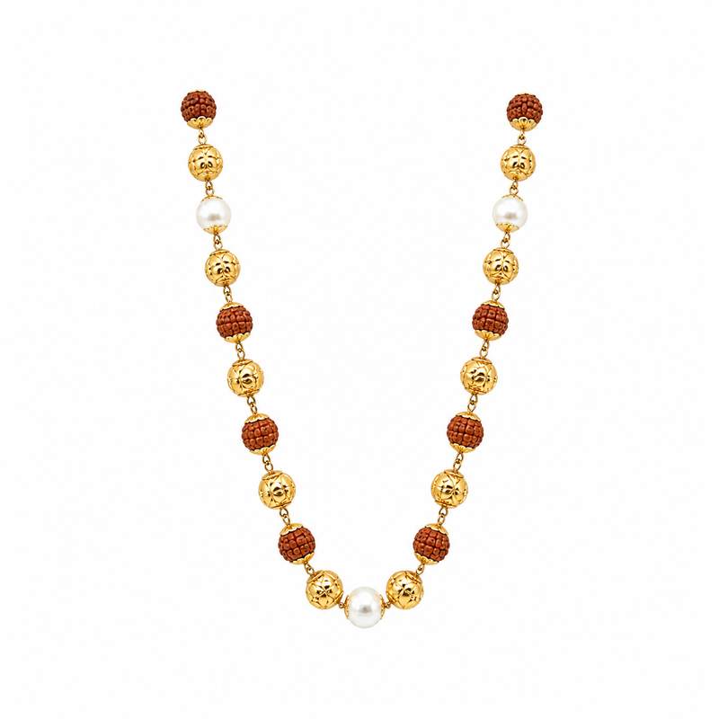 Traditional gold necklace featuring textured Rudraksha beads, ornate gold filigree beads, and lustrous white pearl accents arranged in a graceful long-chain design.