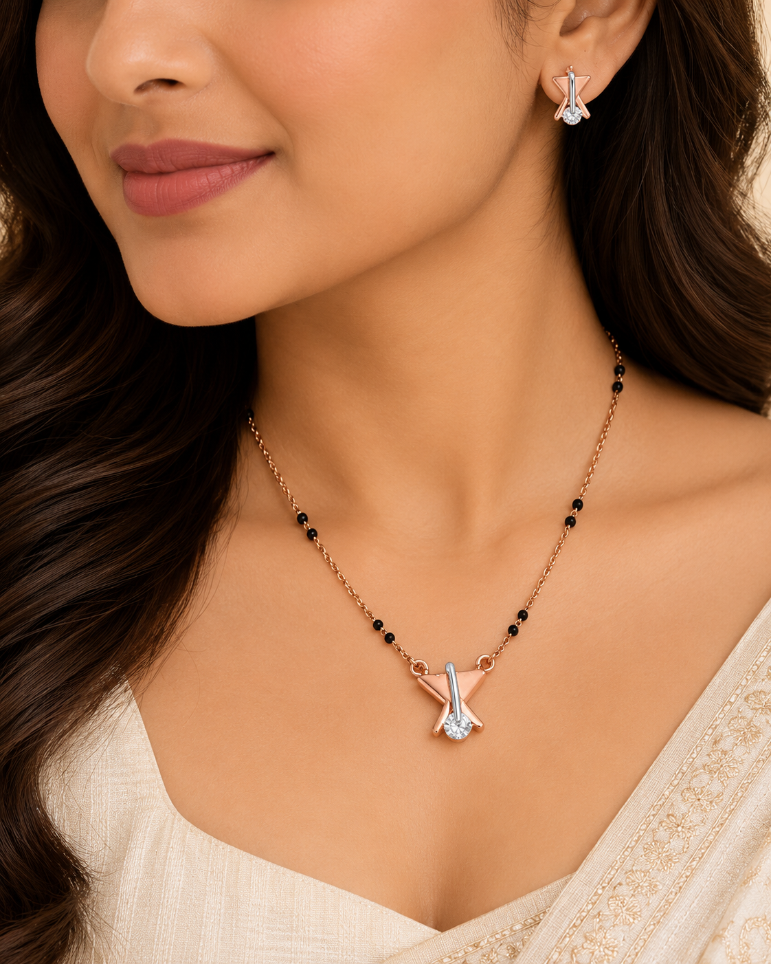Rose Gold Mangalsutra with Diamond Bow-Shaped Pendant & Black Beads