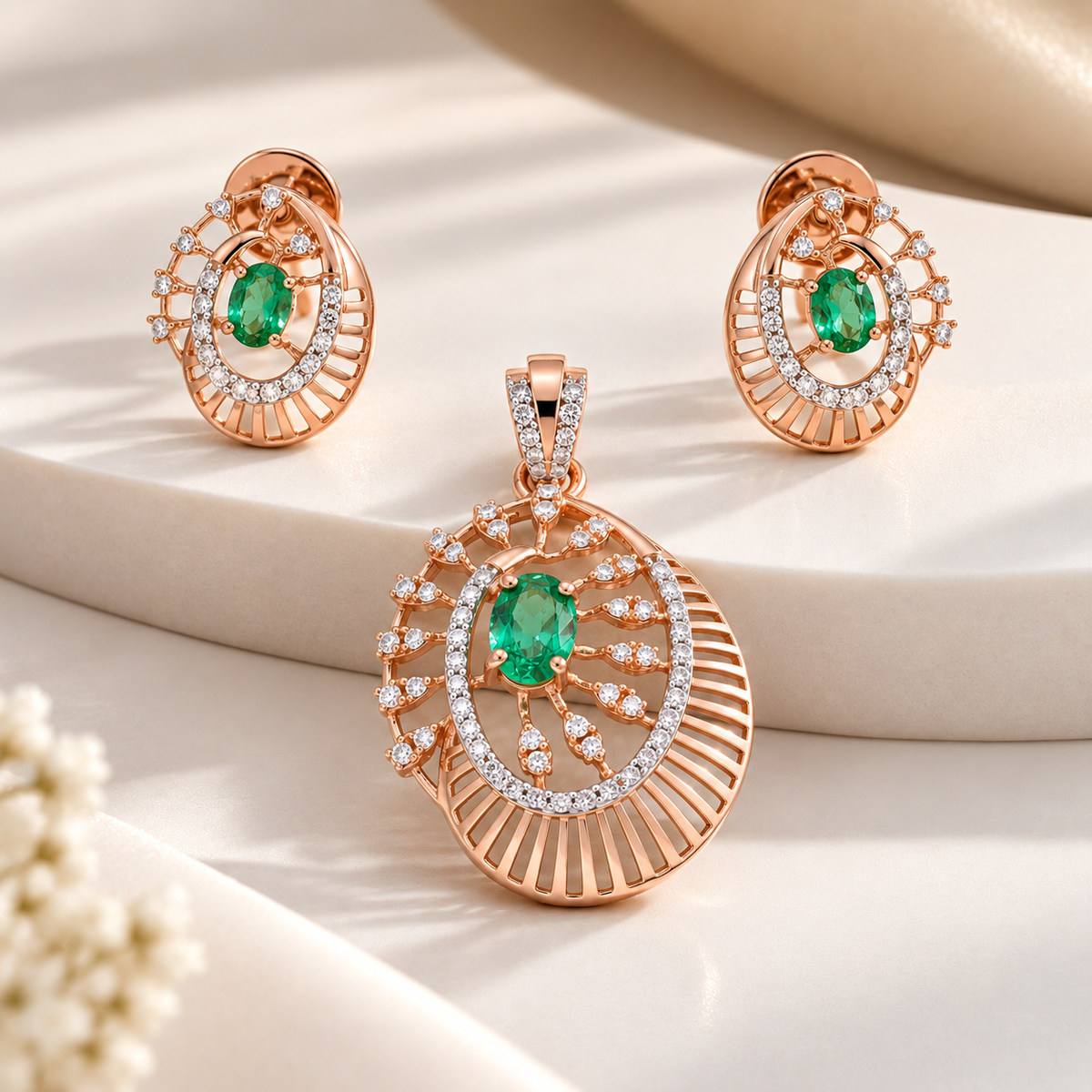 18KT Rose Gold Diamond & Emerald Pendant Set