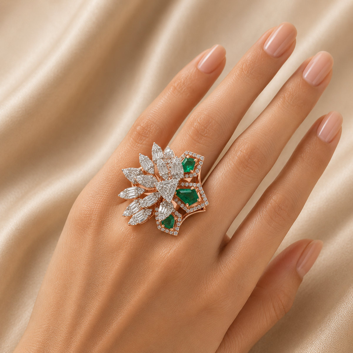 Luxurious gold statement ring featuring vivid green emerald-cut gemstones paired with clusters of marquise and baguette-cut diamonds in an intricate floral-inspired design.