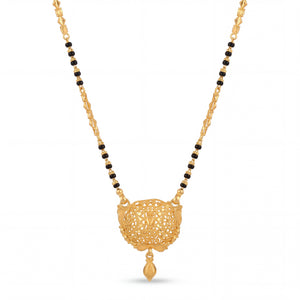 Stylish mangalsutra featuring black bead strands, handcrafted gold chain, protective blue evil eye charm pendant, and contemporary lightweight design for daily wear and gifting.