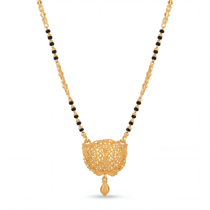 Stylish mangalsutra featuring black bead strands, handcrafted gold chain, protective blue evil eye charm pendant, and contemporary lightweight design for daily wear and gifting.