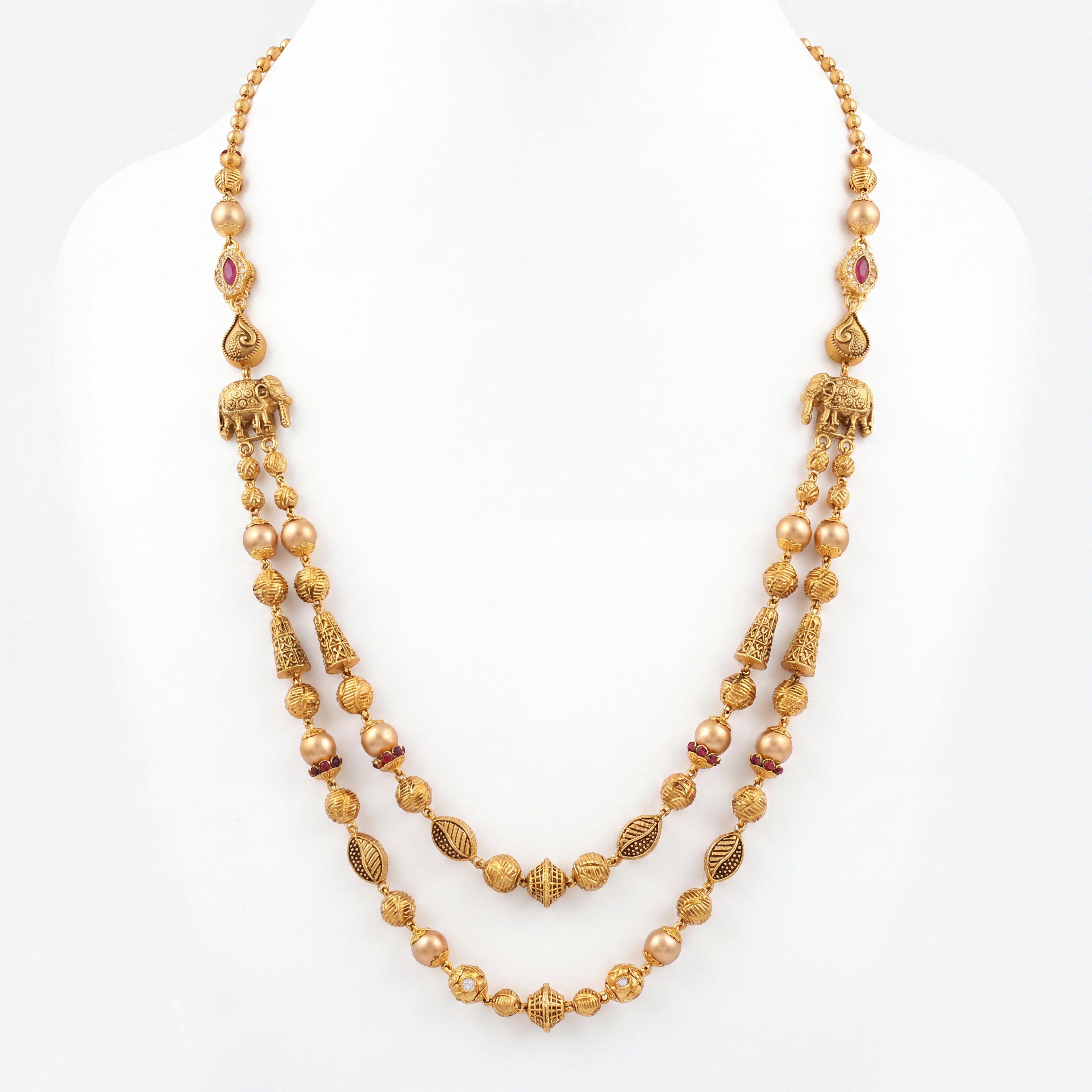 22KT Gold Antique Elephant Motif Long Necklace for Women
