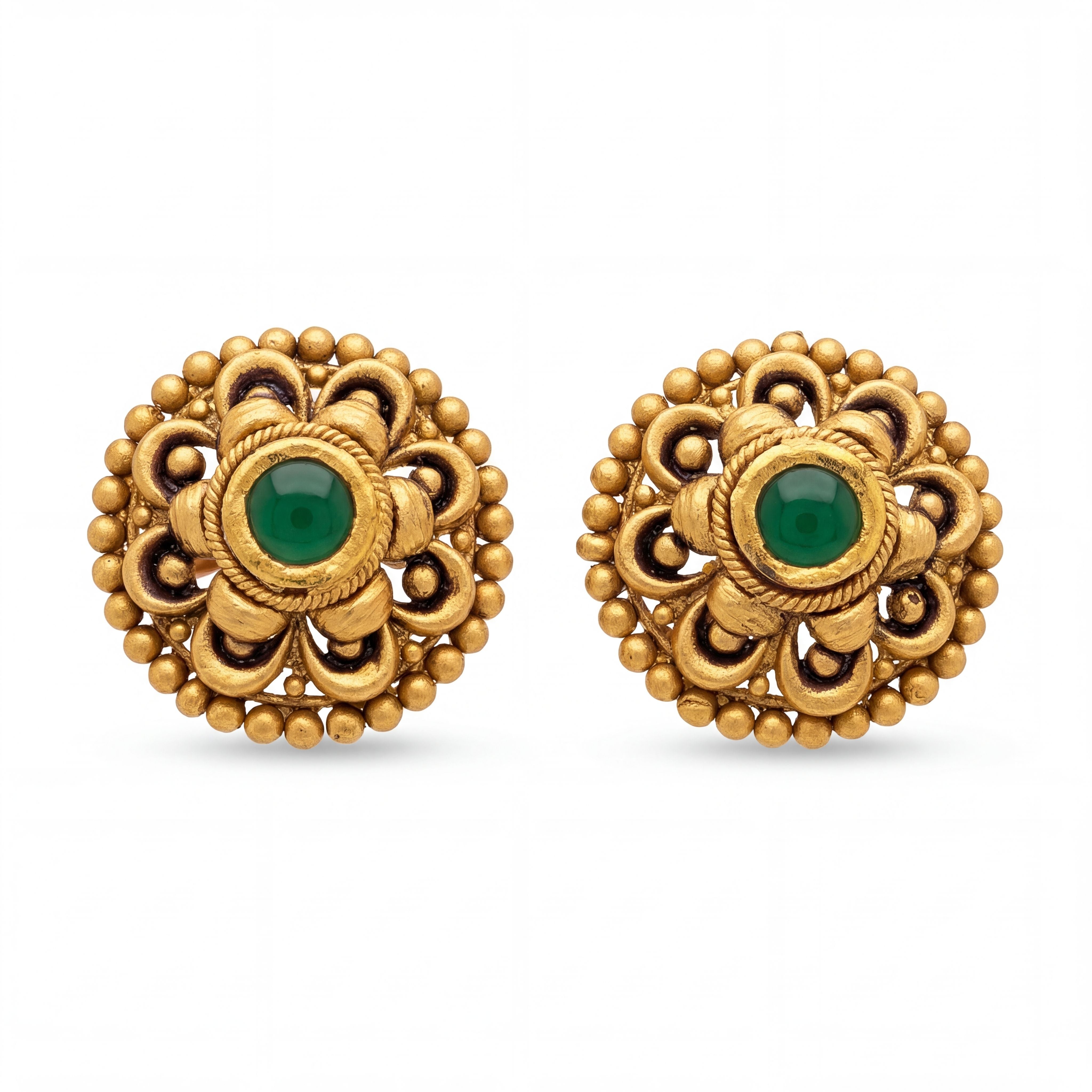 22KT Gold Floral Antique Stud Earrings with Green Stone