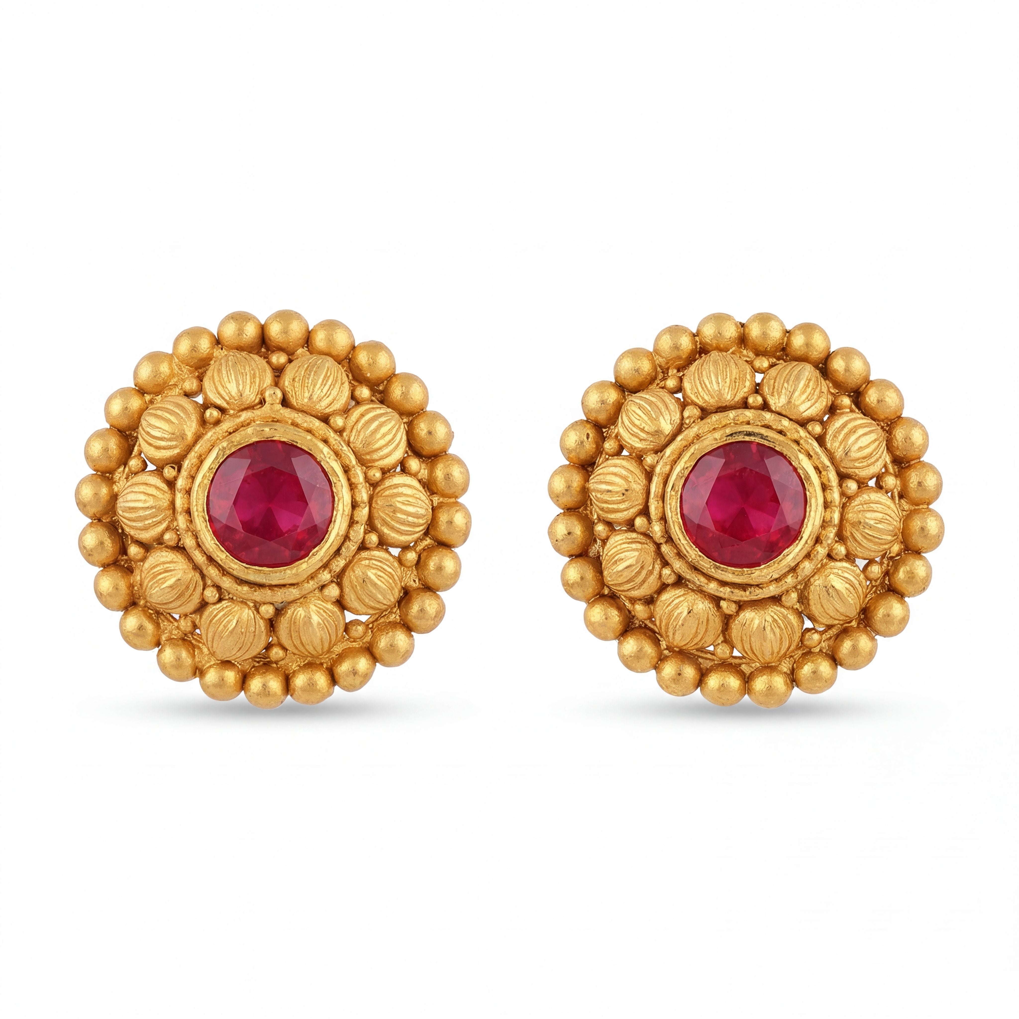 22KT Gold Antique Stud Earrings with Red Stone