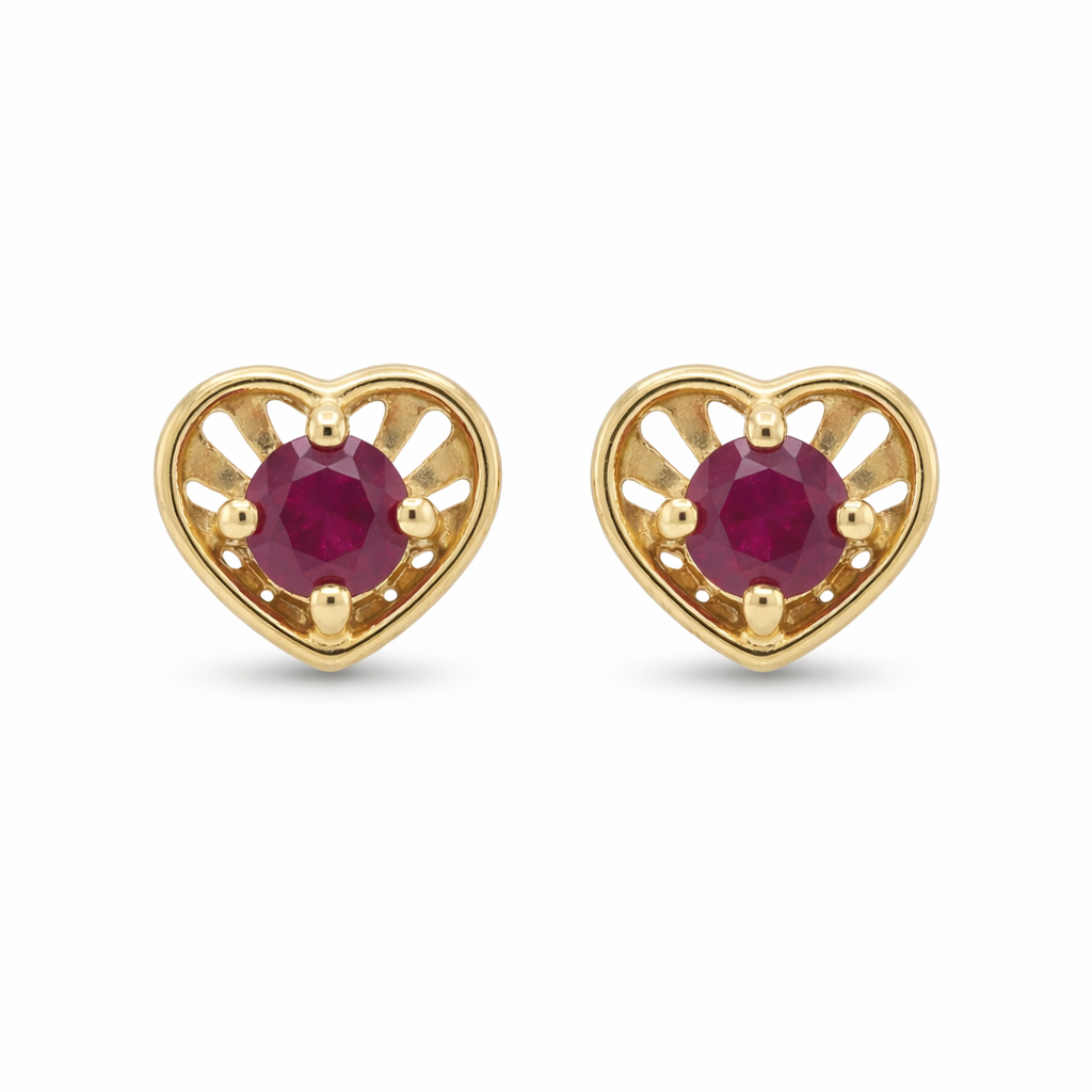 22KT Gold Heart Shape Stud Earrings with Red Stone