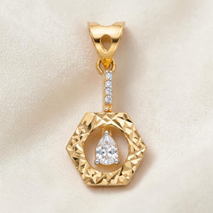 Yellow gold pendant featuring a faceted hexagonal frame with a suspended pear-shaped diamond at the center, accented by a vertical line of small diamonds for a modern and elegant look.